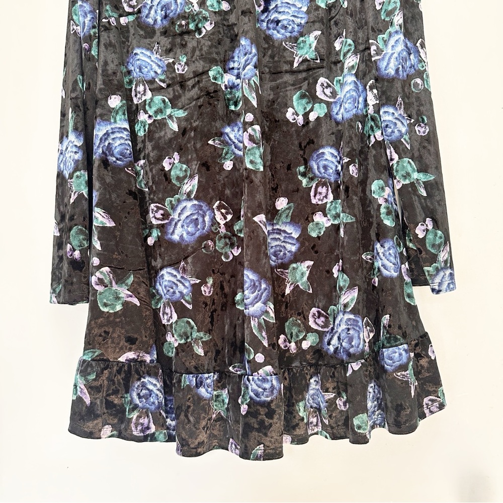 Wild Fable Floral Print Long Sleeve Velvet Drop Hem Swing Dress Black Blue XXL - Picture 7 of 10